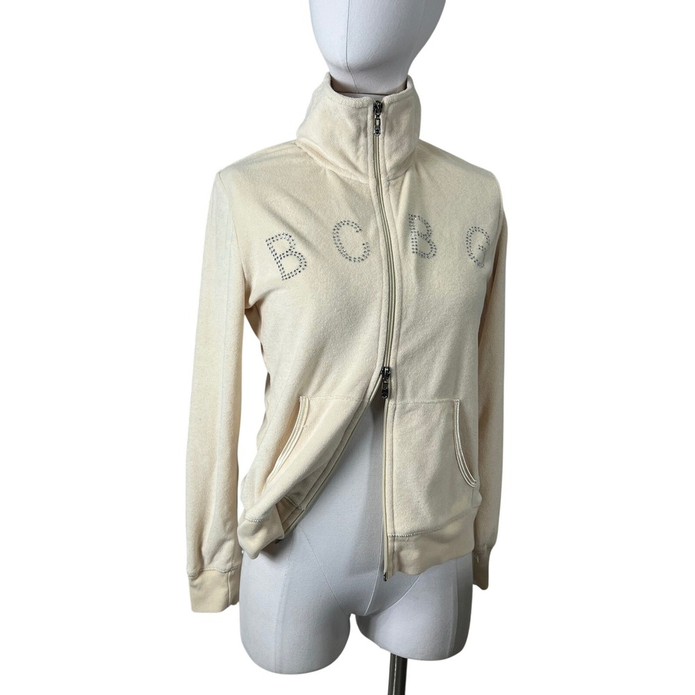 BCBGMAXAZRIA Womens Cream Velour Rhinestone Logo Zip Up Track Jacket Size M